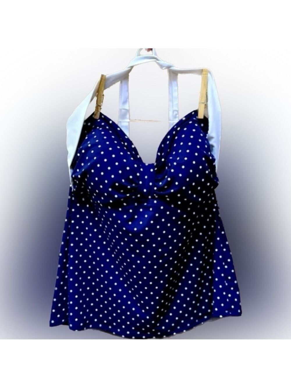 CHAPS Tankini Top Blue with white polka dots swim suit Size 14 Sexy top EUC